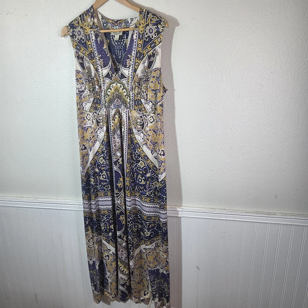 One World Womens XL Boho Maxi Dress Rhinestone Embellished Blue Lace Back - Picture 3 of 12